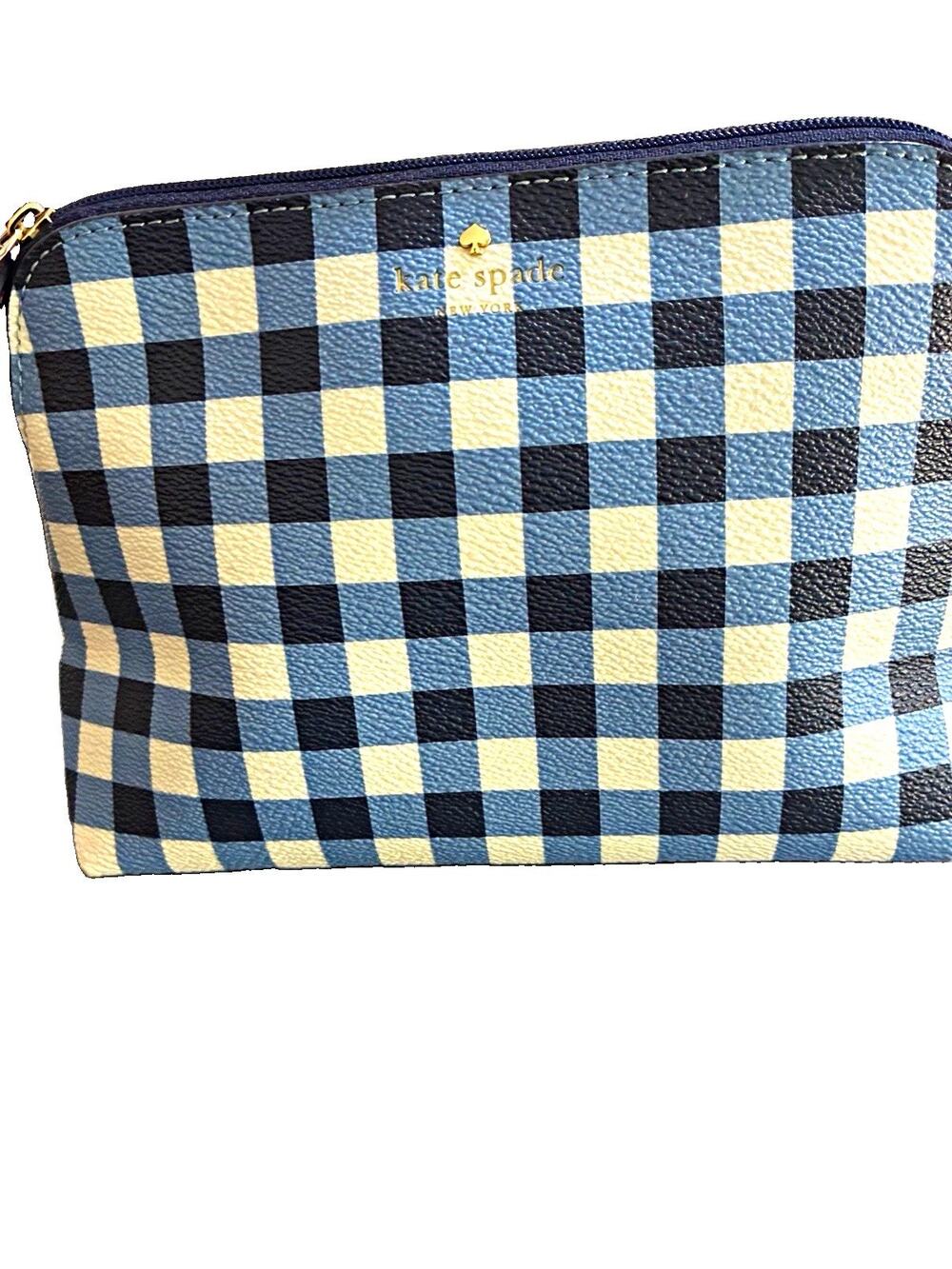 Kate Spade Blue Gingham Cosmetic Bag Saffiano PVC Leather Makeup Pouch EUC